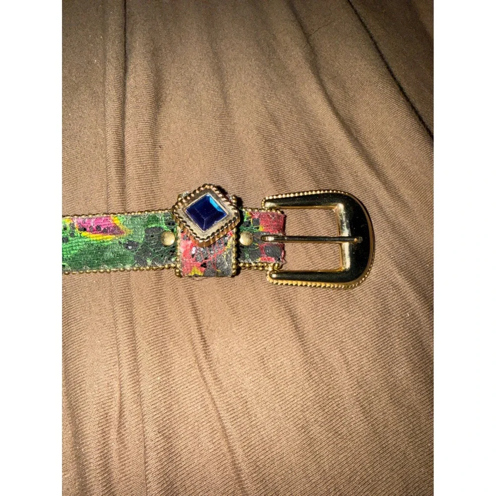 Vintage Multi Color Tapestry Jeweled Belt Gold Tone Ball Chain Trim M/L